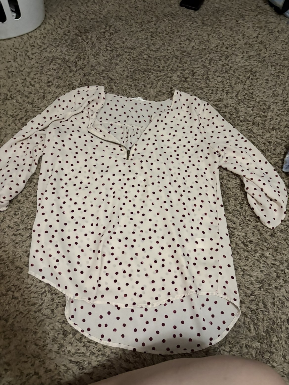 Women’s Cream Polka Dot V-Neck Blouse with Burgundy Dots